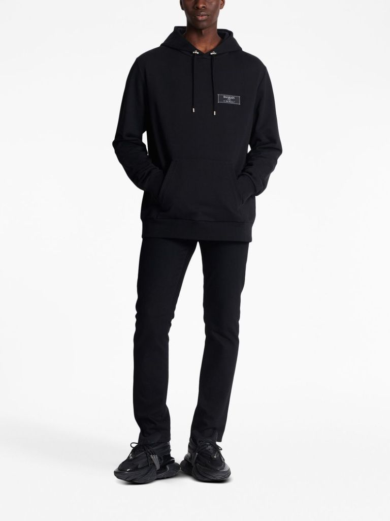 Shop Balmain Iconic Cotton Hoodie In Nero