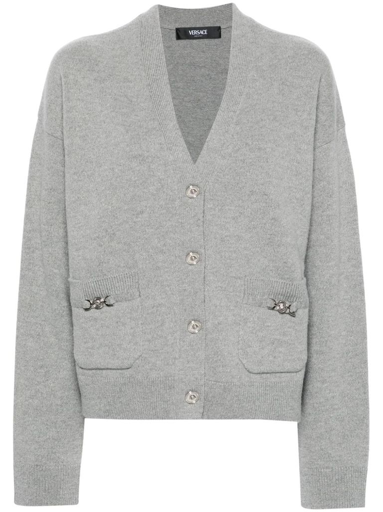 Shop Versace Boxy Wool And Cashmere Cardigan With Pockets In Grigio