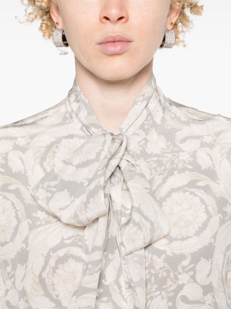 Shop Versace Silk Blouse With Baroque Print And Bow In Grigio