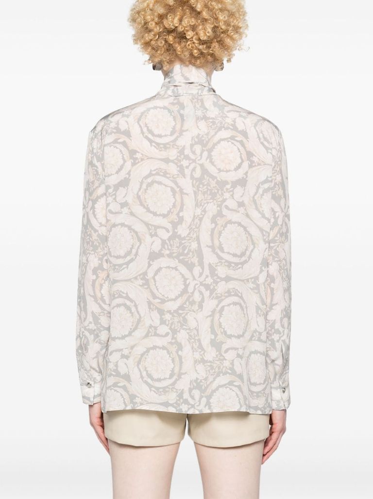 Shop Versace Silk Blouse With Baroque Print And Bow In Grigio