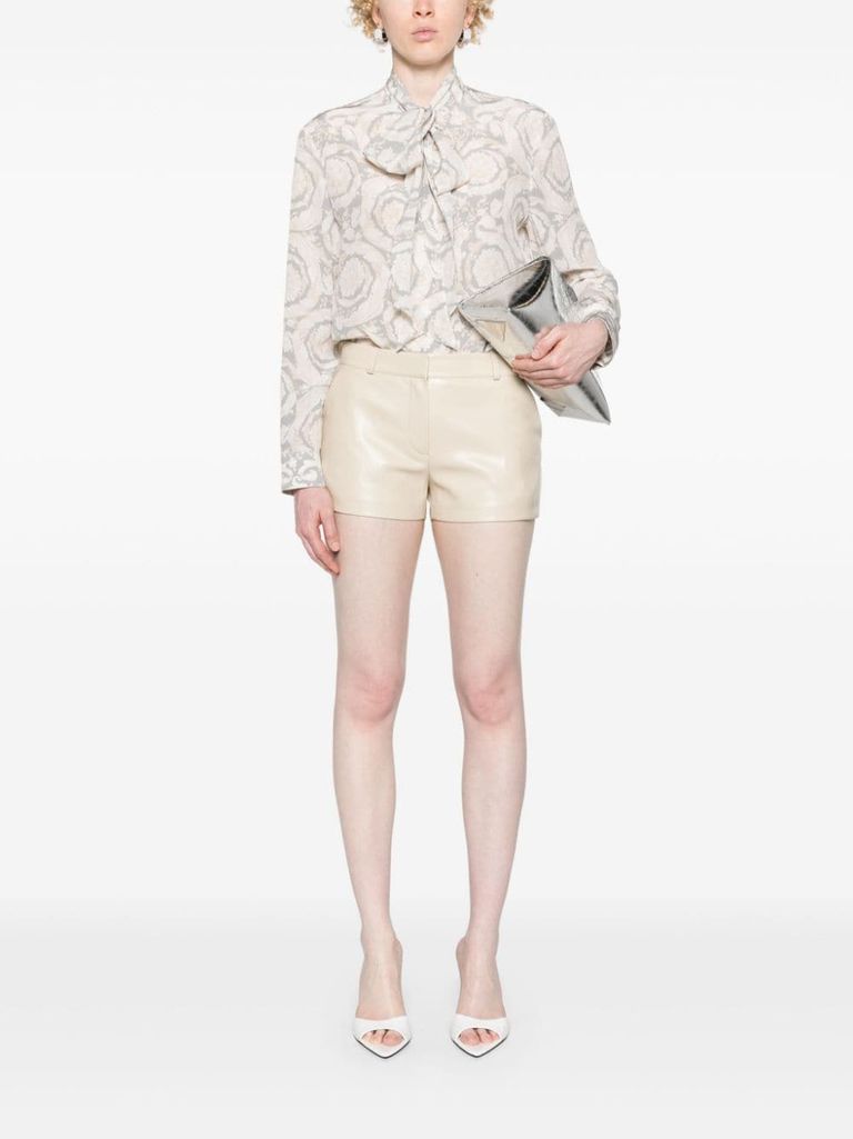 Shop Versace Silk Blouse With Baroque Print And Bow In Grigio