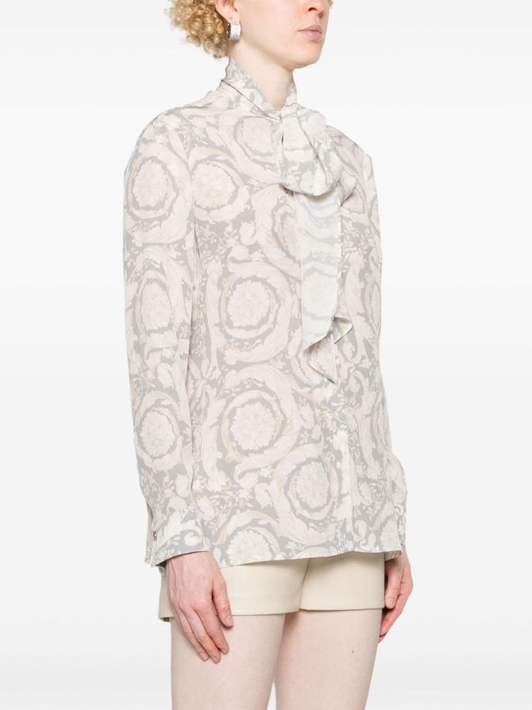 Shop Versace Silk Blouse With Baroque Print And Bow In Grigio