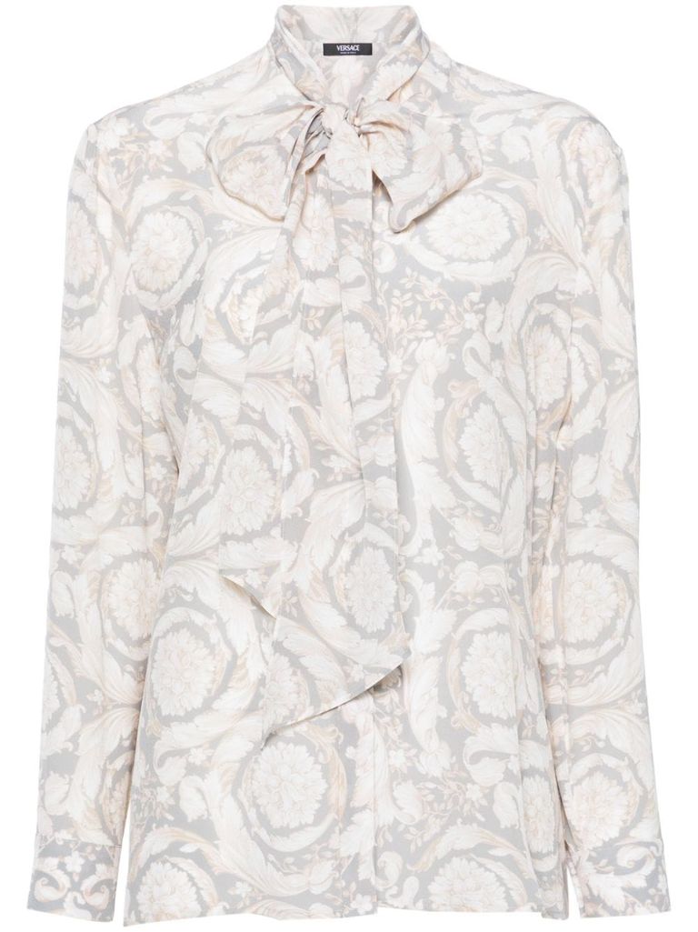 Shop Versace Silk Blouse With Baroque Print And Bow In Grigio