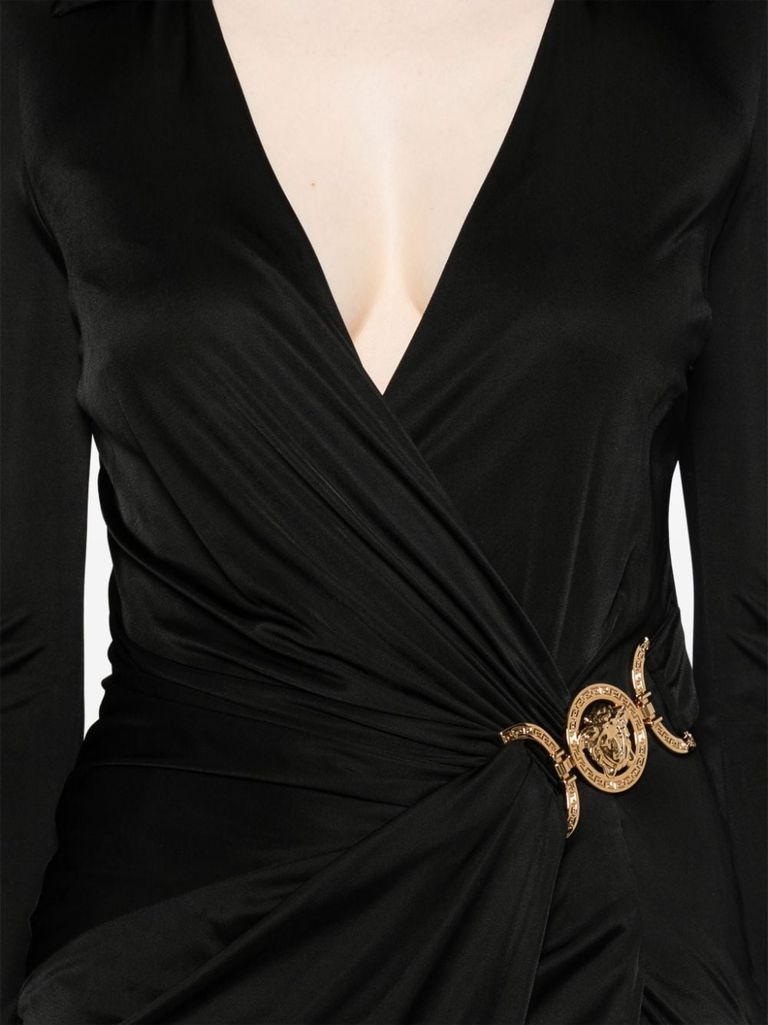 Shop Versace Midi Wrap Dress In Viscose With Medusa Plaque In Nero