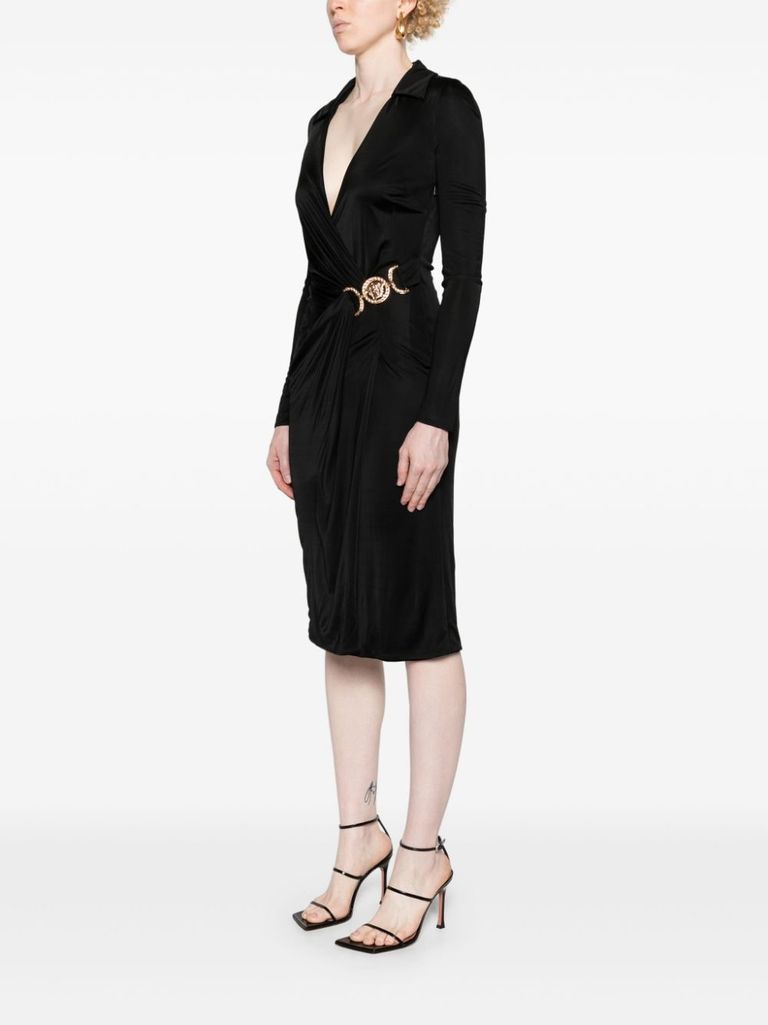 Shop Versace Midi Wrap Dress In Viscose With Medusa Plaque In Nero