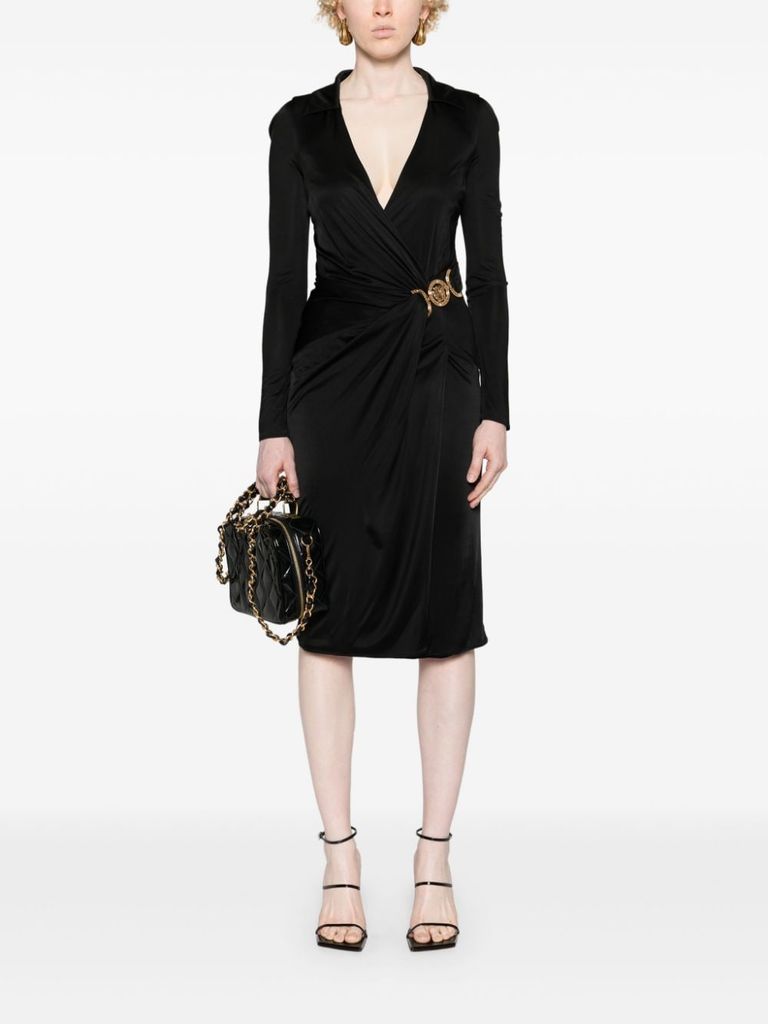 Shop Versace Midi Wrap Dress In Viscose With Medusa Plaque In Nero