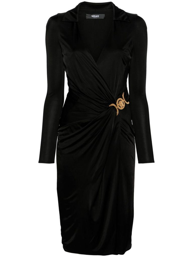 Shop Versace Midi Wrap Dress In Viscose With Medusa Plaque In Nero