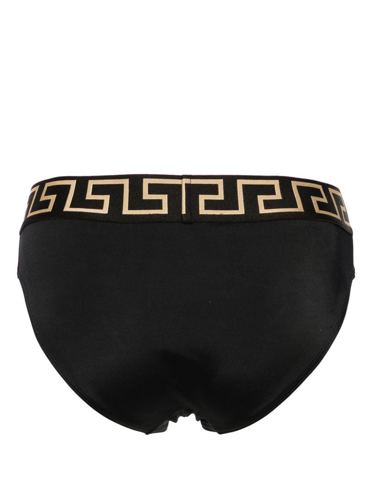 Shop Versace Stretch Polyamide Swim Briefs With Greek Motif In Nero