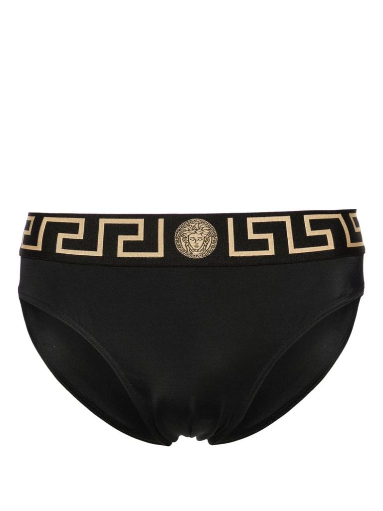 Shop Versace Stretch Polyamide Swim Briefs With Greek Motif In Nero