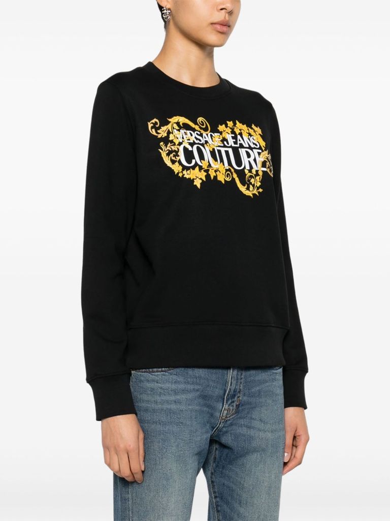 Shop Versace Jeans Couture Crewneck Cotton Sweatshirt With Printed Logo In Nero