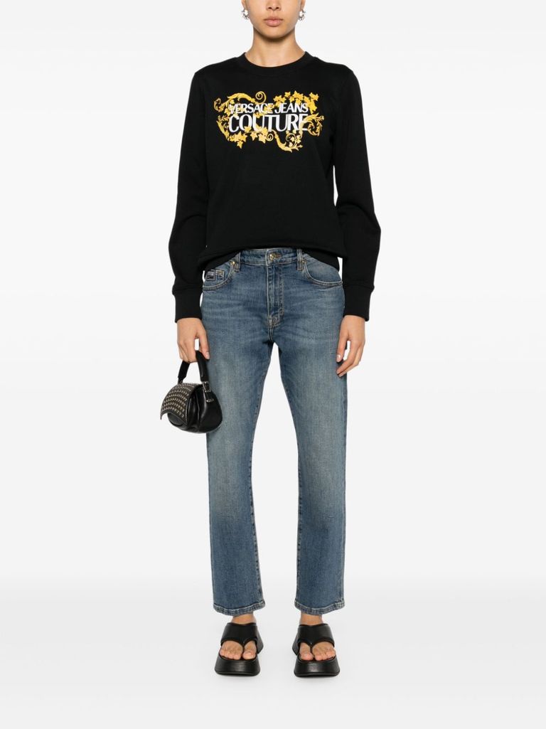 Shop Versace Jeans Couture Crewneck Cotton Sweatshirt With Printed Logo In Nero