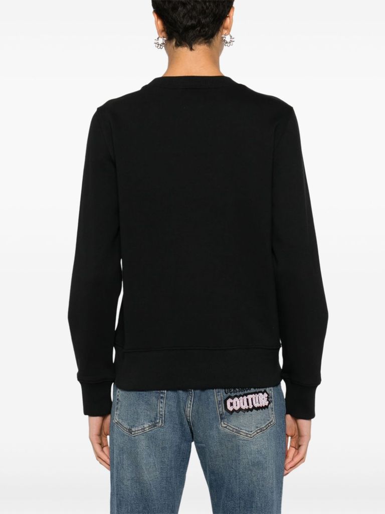 Shop Versace Jeans Couture Crewneck Cotton Sweatshirt With Printed Logo In Nero