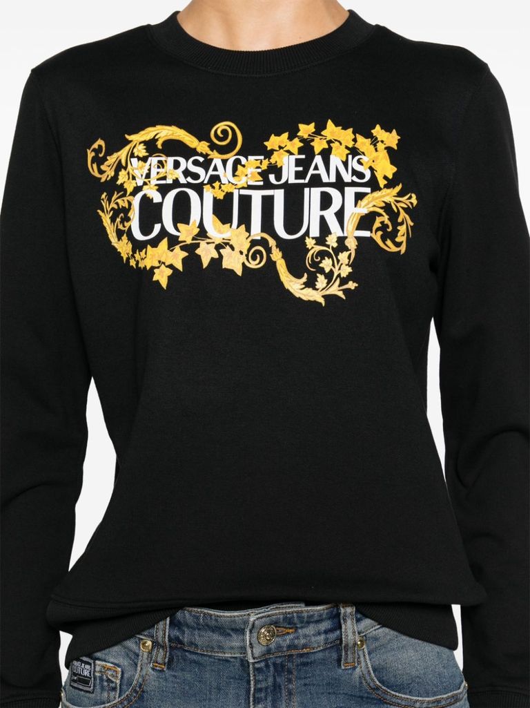 Shop Versace Jeans Couture Crewneck Cotton Sweatshirt With Printed Logo In Nero