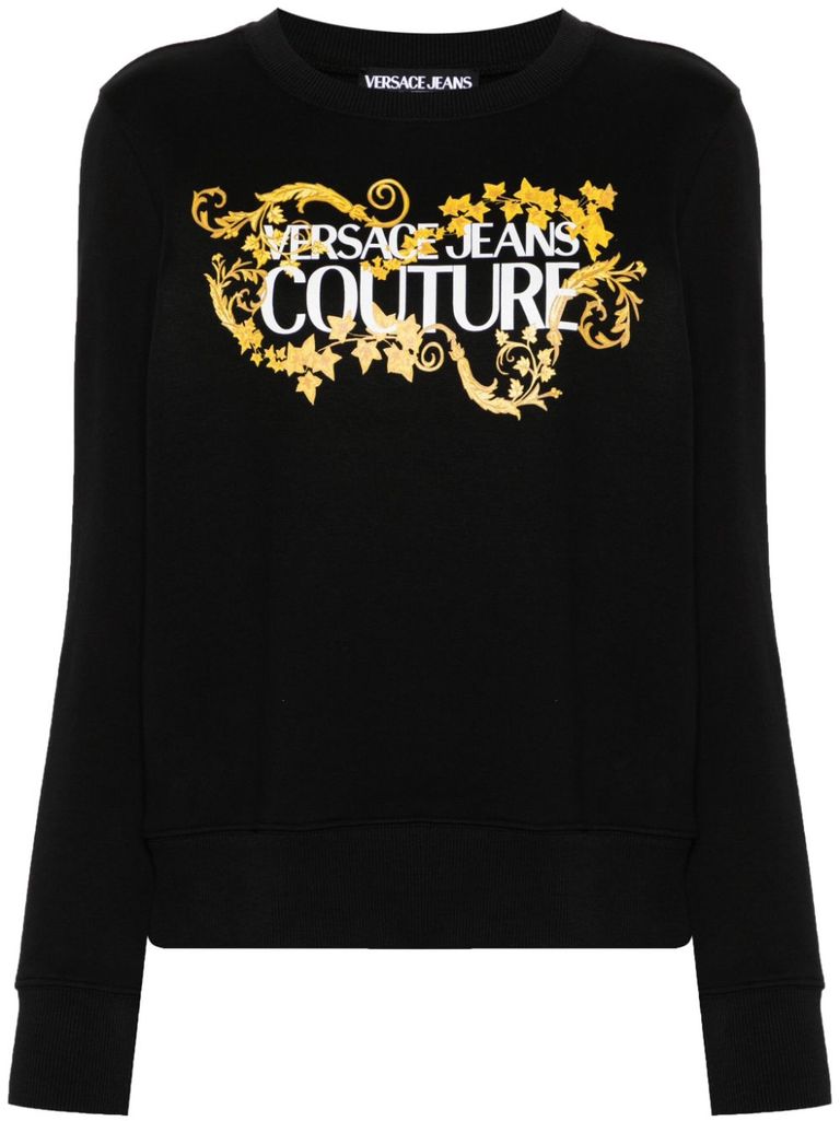 Shop Versace Jeans Couture Crewneck Cotton Sweatshirt With Printed Logo In Nero