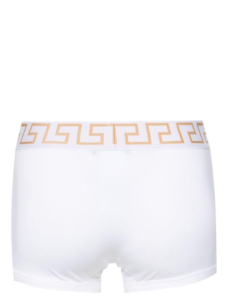 Shop Versace Stretch Cotton Boxer Shorts With Greek Motif In Bianco