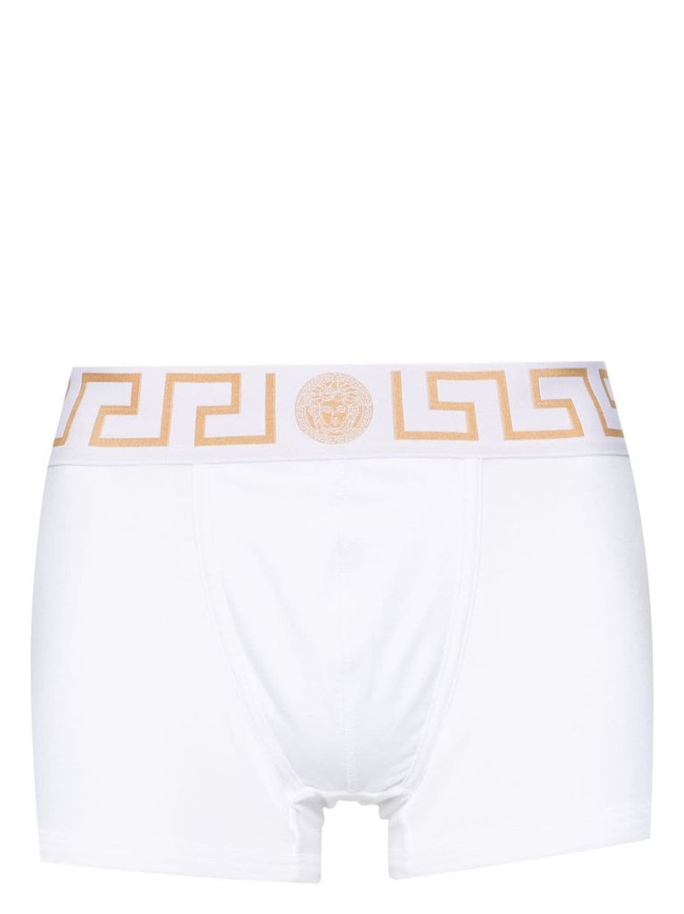 Shop Versace Stretch Cotton Boxer Shorts With Greek Motif In Bianco