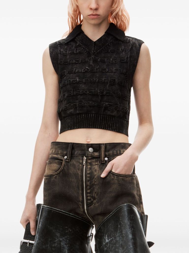 Shop Alexander Wang Cotton Vest With Intarsia Logo In Nero