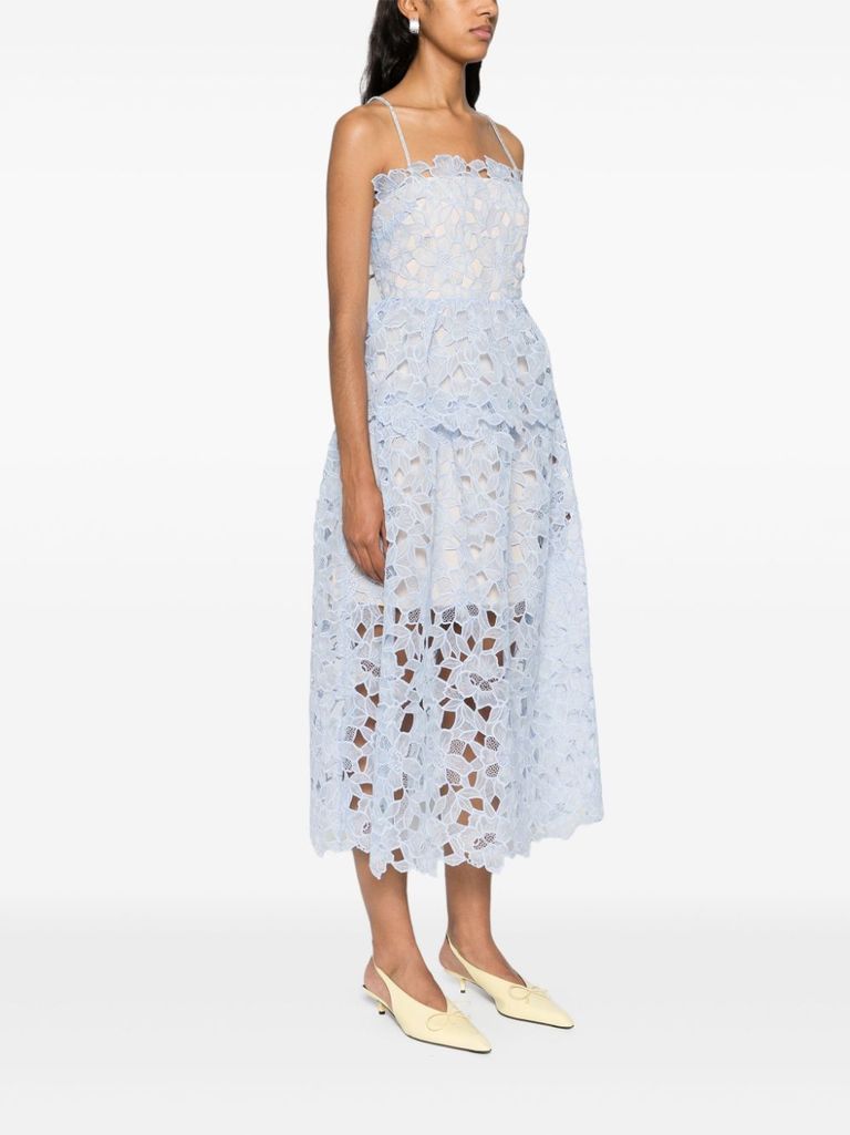 Shop Self-portrait Midi Dress With Floral Embroidery In Blu