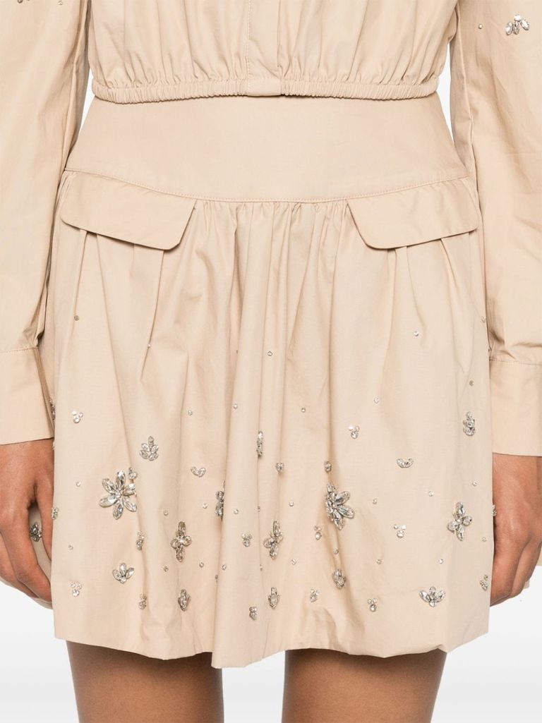 Shop Self-portrait Mini Skirt In Viscose And Linen With Crystal Appliqués In Beige