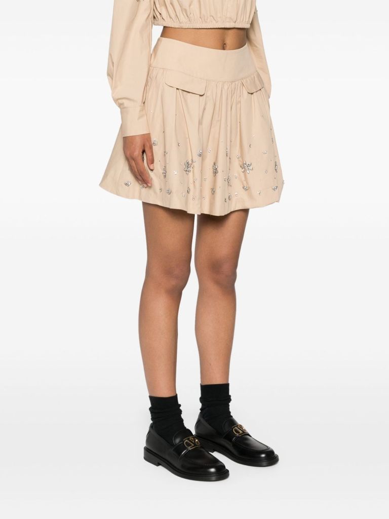 Shop Self-portrait Mini Skirt In Viscose And Linen With Crystal Appliqués In Beige