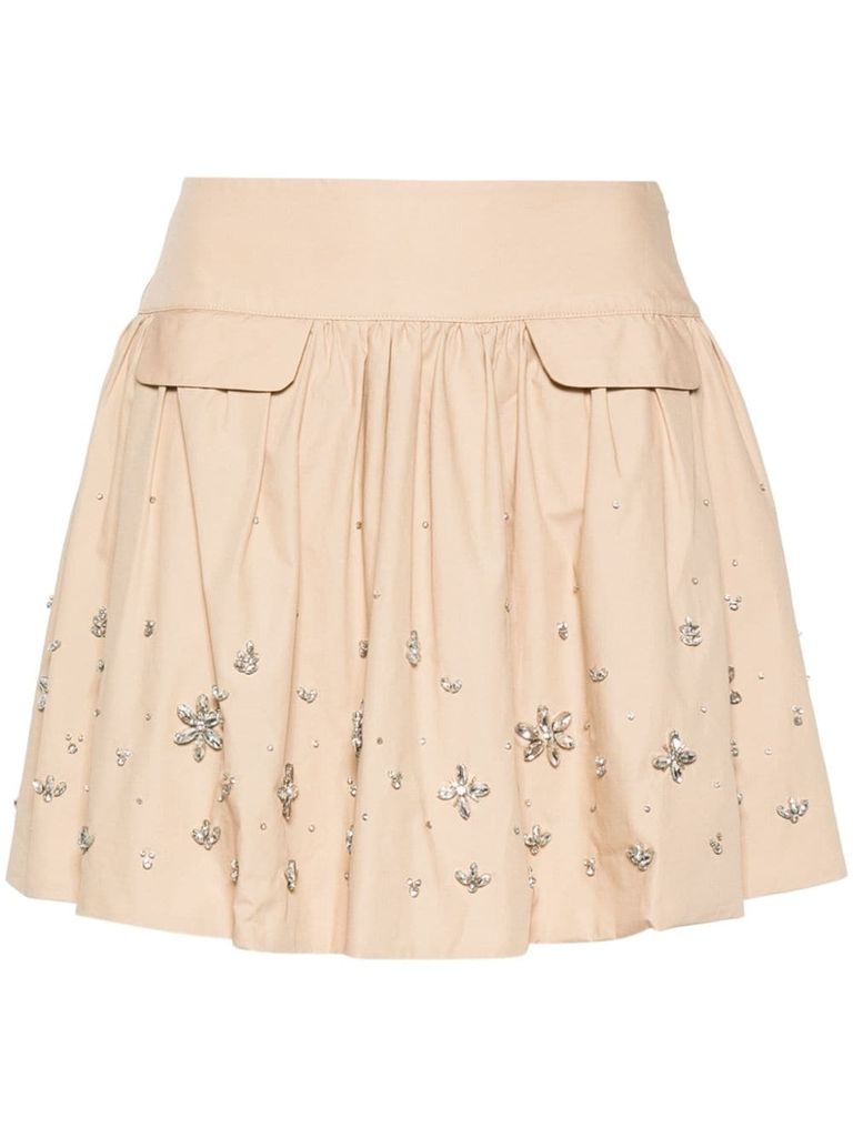 Shop Self-portrait Mini Skirt In Viscose And Linen With Crystal Appliqués In Beige