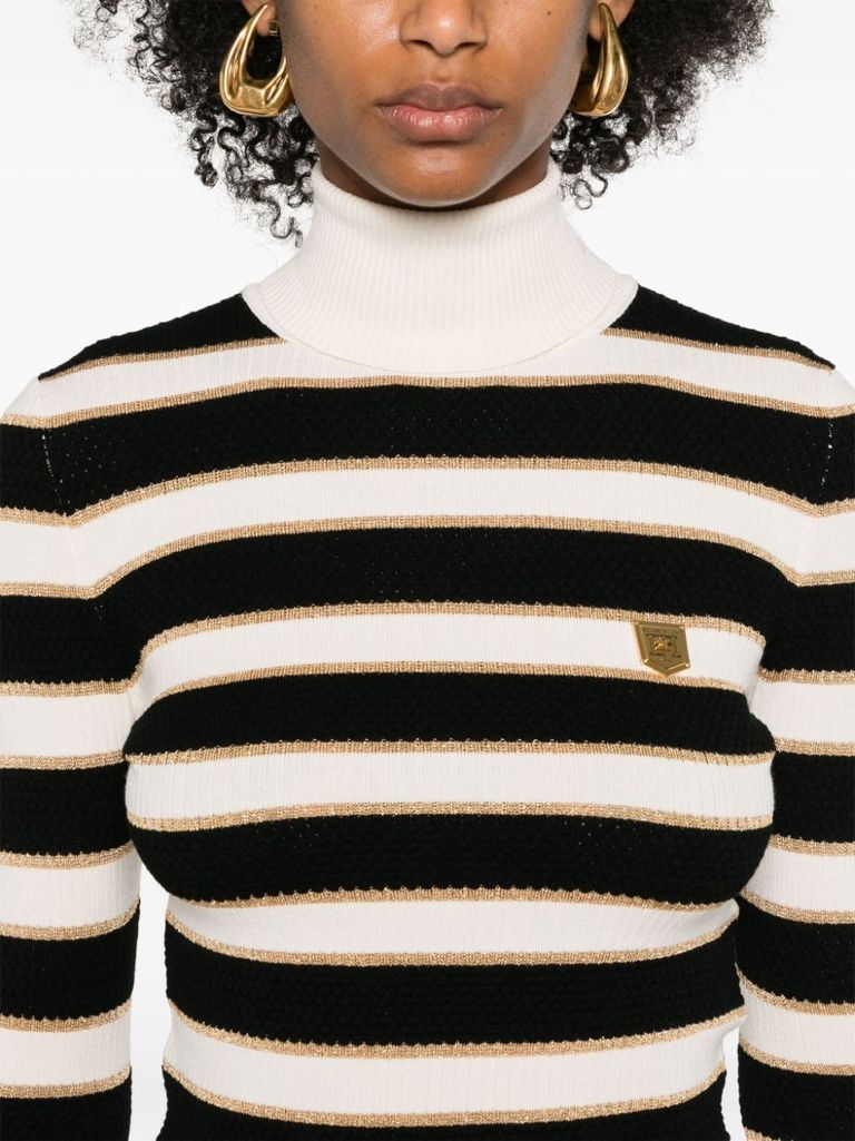 Shop Elisabetta Franchi Striped Viscose Turtleneck Sweater In Bianco