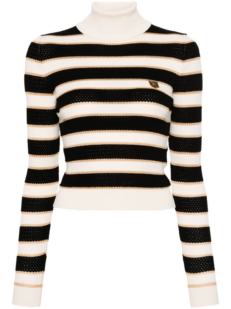 Shop Elisabetta Franchi Striped Viscose Turtleneck Sweater In Bianco