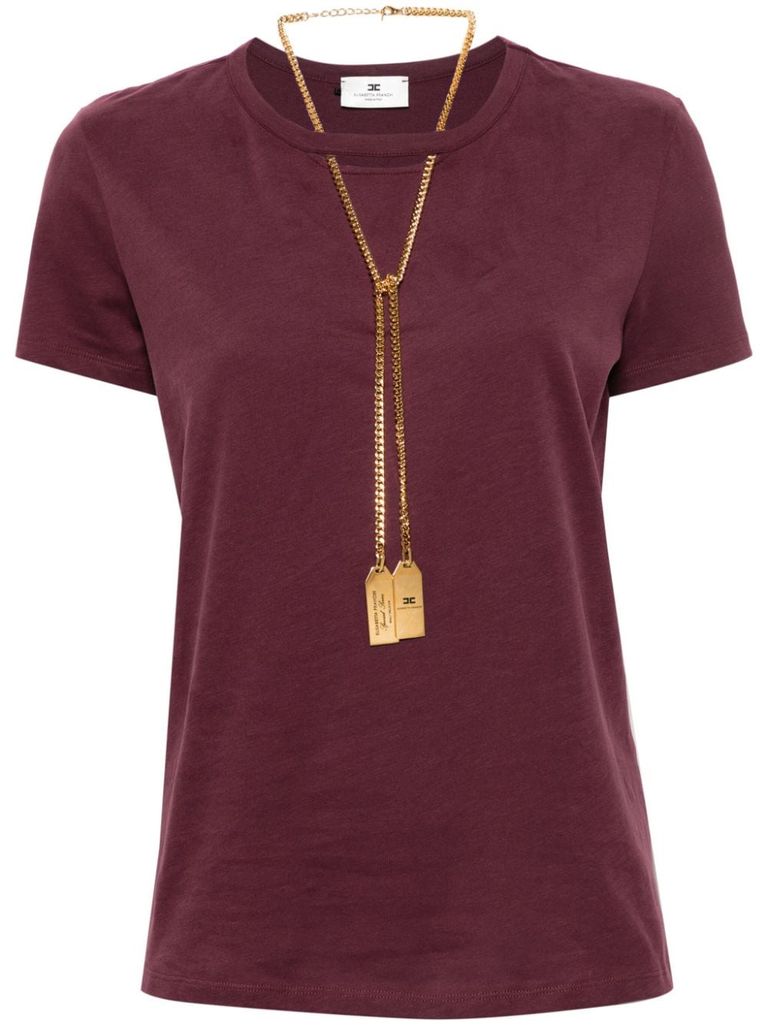 【Elisabetta Franchi】プリントとチェーンが付いたTシャツ Elisabetta Franchi チェーンディテール Tシャツ | レッド
