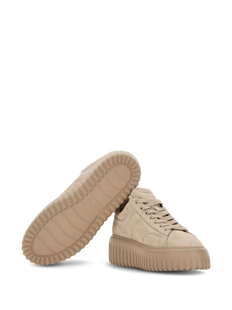 Shop Hogan H-stripes Calf Leather Sneakers With Extralight Sole In Beige