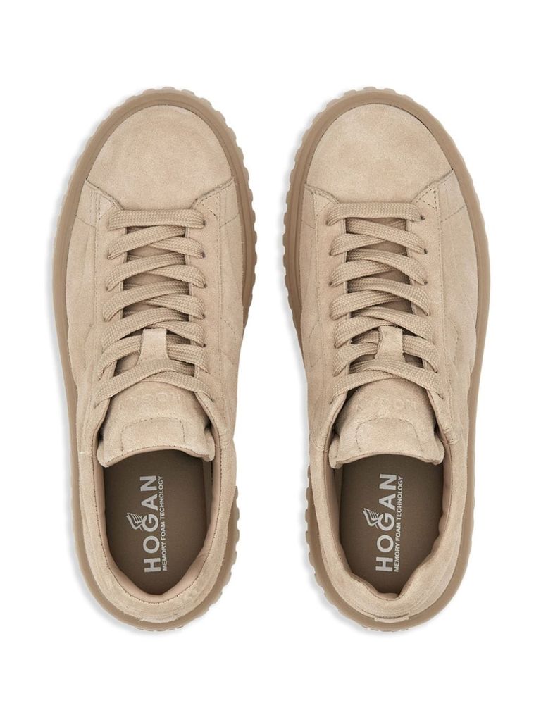 Shop Hogan H-stripes Calf Leather Sneakers With Extralight Sole In Beige