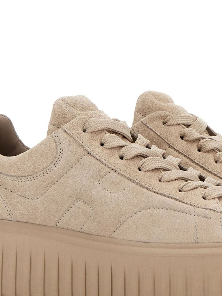 Shop Hogan H-stripes Calf Leather Sneakers With Extralight Sole In Beige