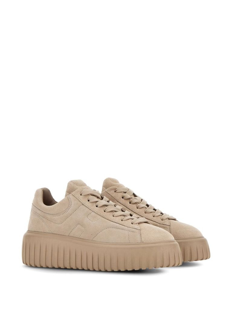 Shop Hogan H-stripes Calf Leather Sneakers With Extralight Sole In Beige