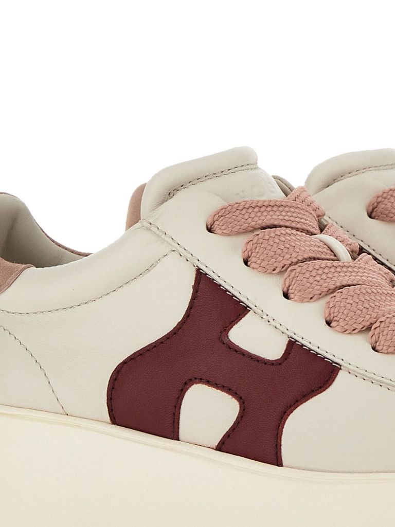 Shop Hogan Rebel Calf Leather Sneakers With Pink Heel In Beige