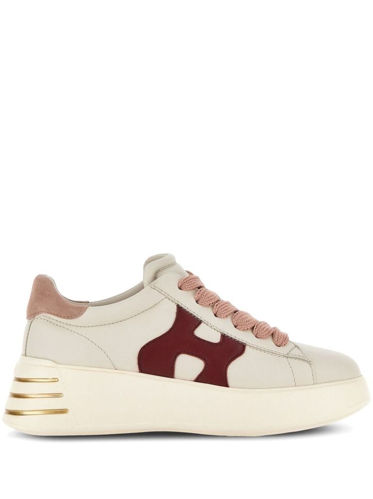 Shop Hogan Rebel Calf Leather Sneakers With Pink Heel In Beige