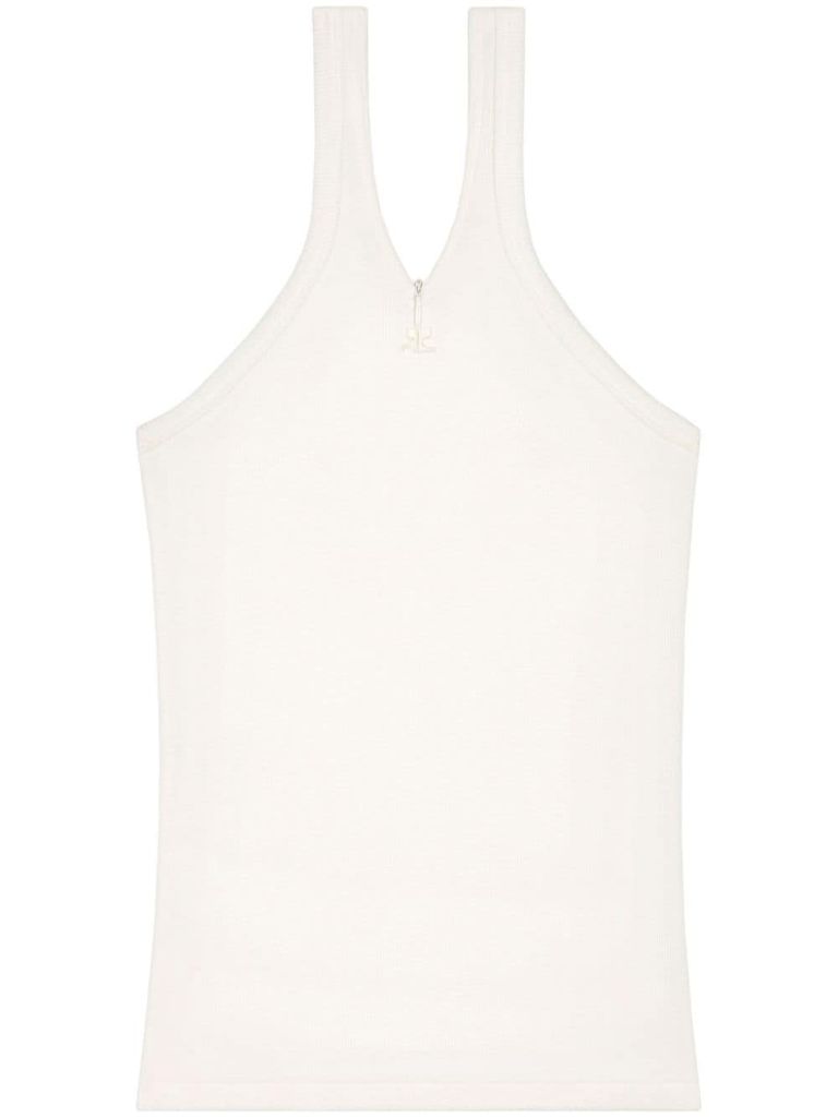 Shop Courrèges Ribbed Stretch Cotton Top With Embroidery In Bianco