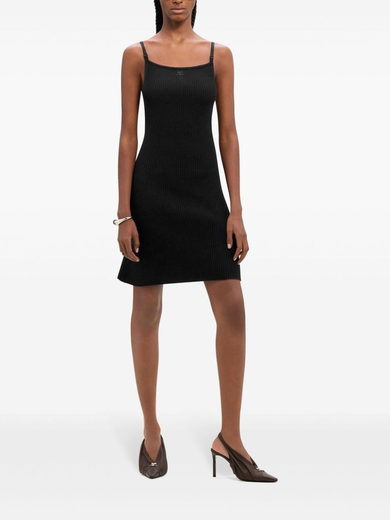 Shop Courrèges Short Ribbed Viscose Dress With Embroidered Logo In Nero