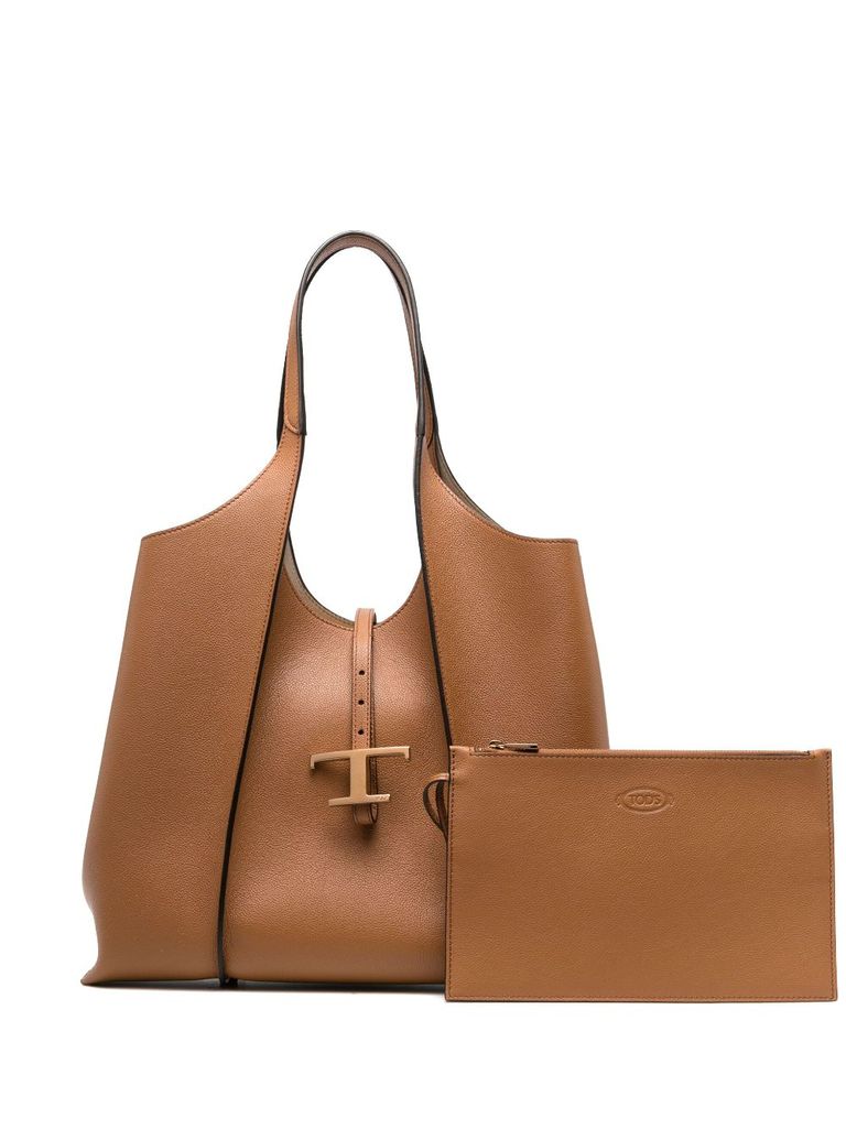 Shop Tod's Medium T Timeless Calf Leather Tote Bag With Pouch In Marrone