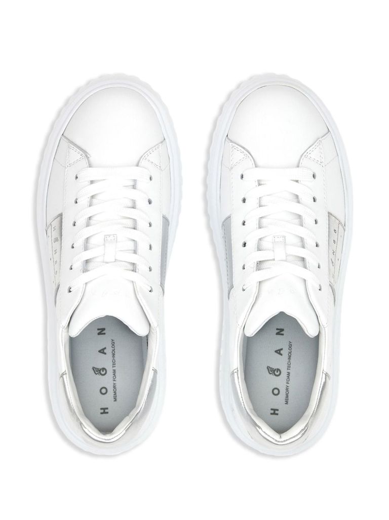 Shop Hogan H-stripes Calf Leather Sneakers With Side Band In Bianco