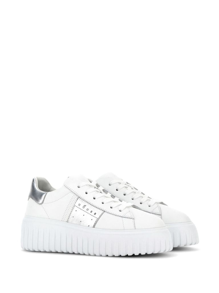 Shop Hogan H-stripes Calf Leather Sneakers With Side Band In Bianco