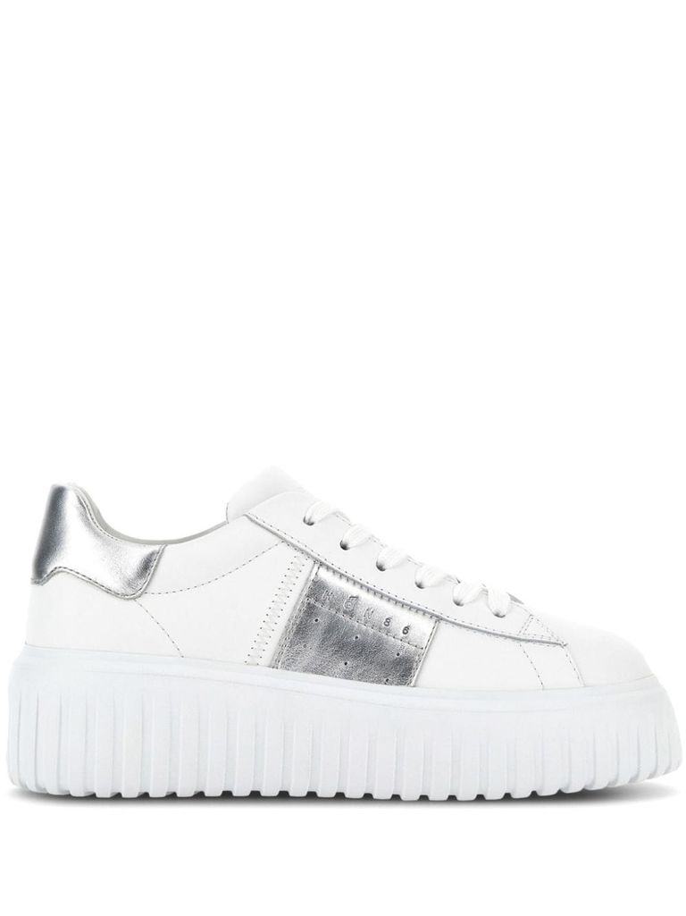 Shop Hogan H-stripes Calf Leather Sneakers With Side Band In Bianco