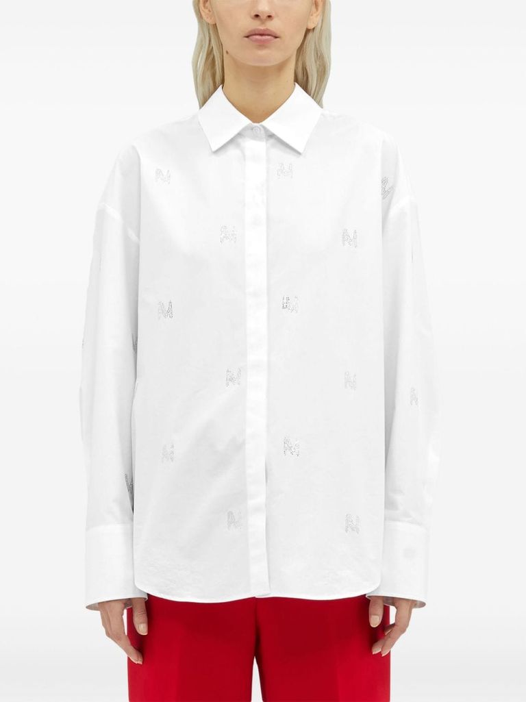 Shop Msgm Cotton Shirt With Rhinestones In Bianco