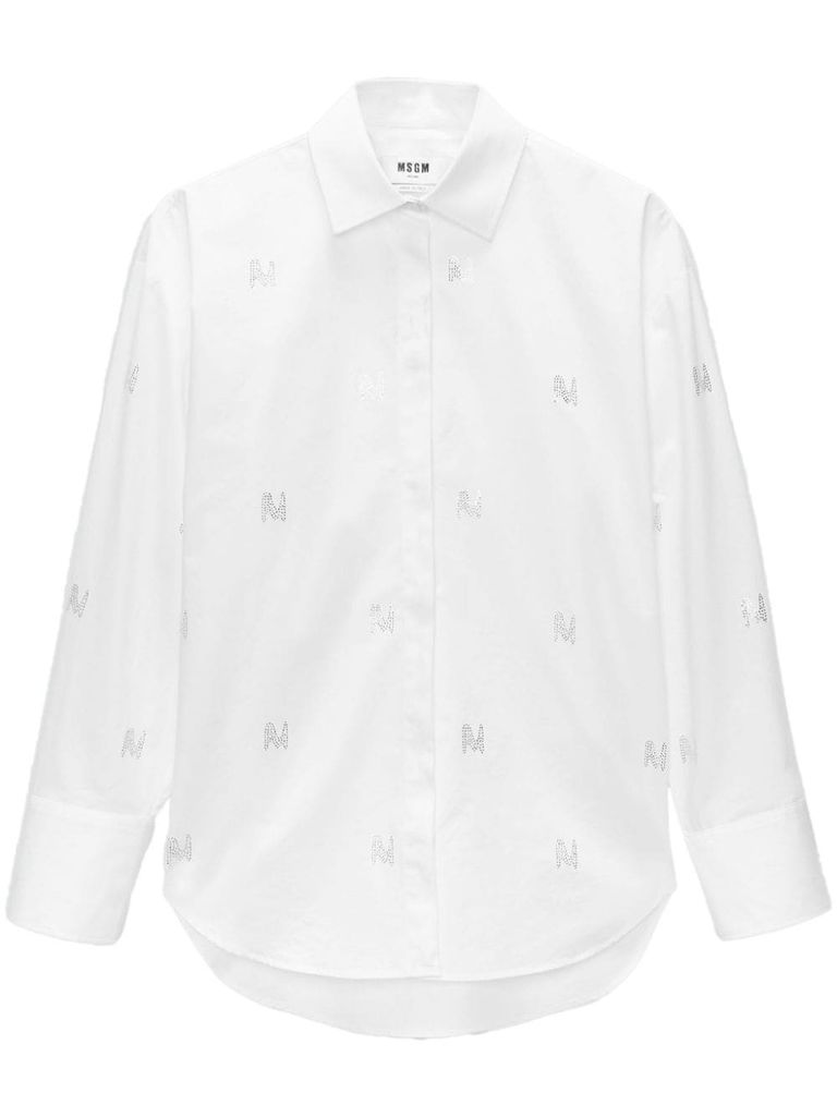 Shop Msgm Cotton Shirt With Rhinestones In Bianco