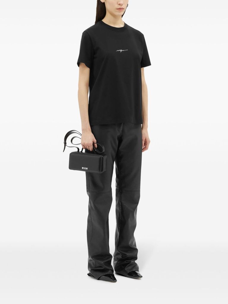 Shop Msgm Cotton T-shirt With Cursive Logo Print In Nero