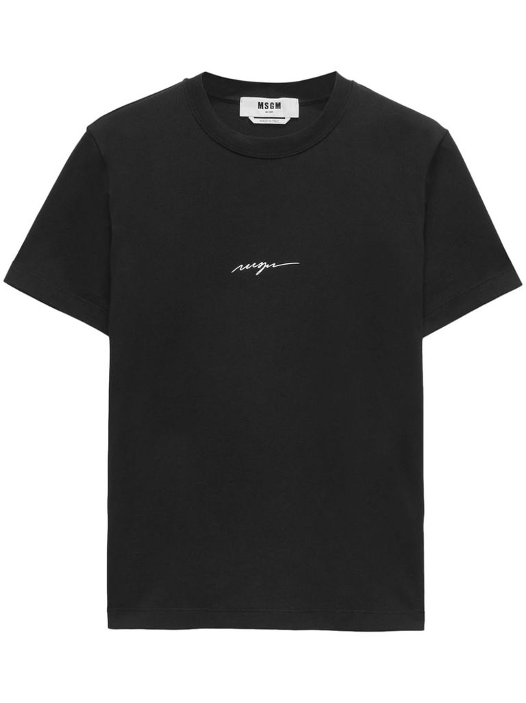 Shop Msgm Cotton T-shirt With Cursive Logo Print In Nero