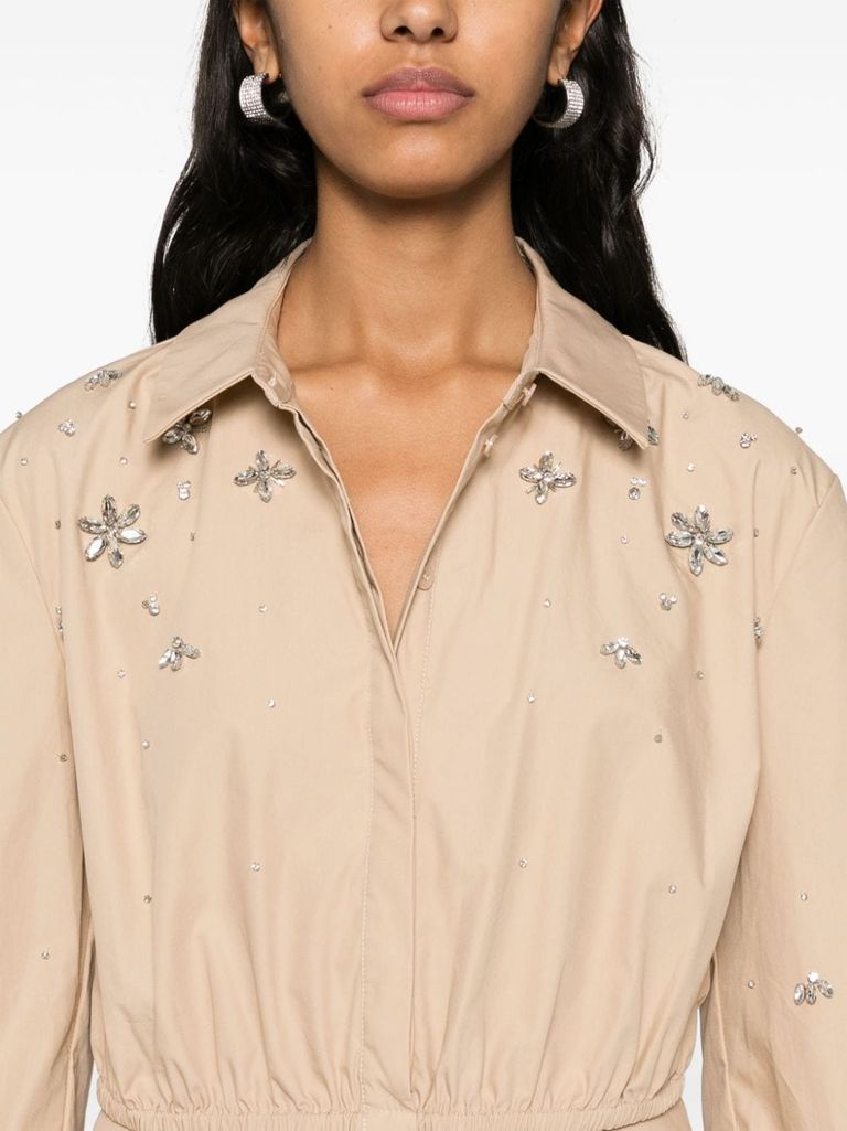 Shop Self-portrait Cropped Cotton Blouse With Rhinestone Appliqués In Beige