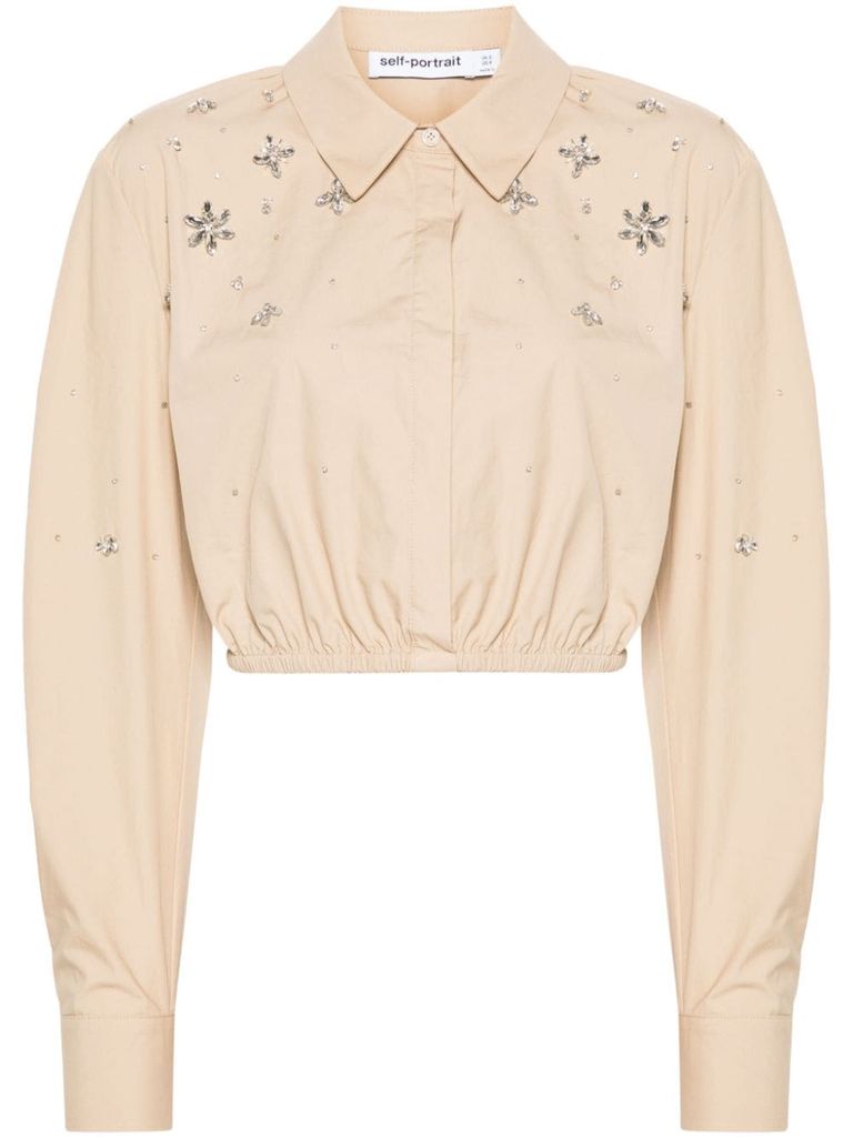 Shop Self-portrait Cropped Cotton Blouse With Rhinestone Appliqués In Beige