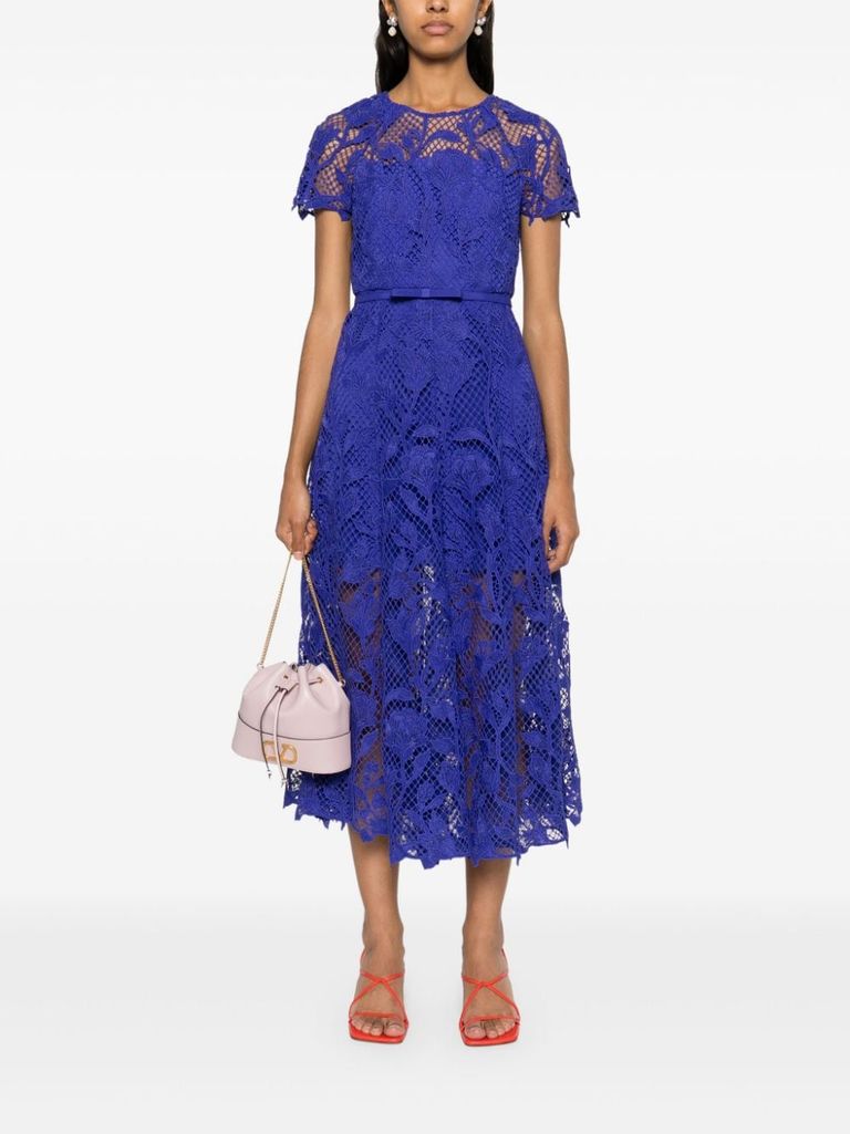 Shop Self-portrait Midi Dress With Lace Detail And Cap Sleeves In Blu