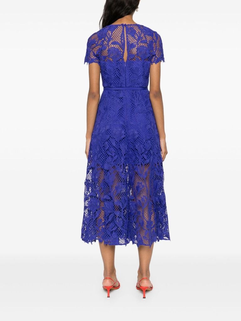 Shop Self-portrait Midi Dress With Lace Detail And Cap Sleeves In Blu