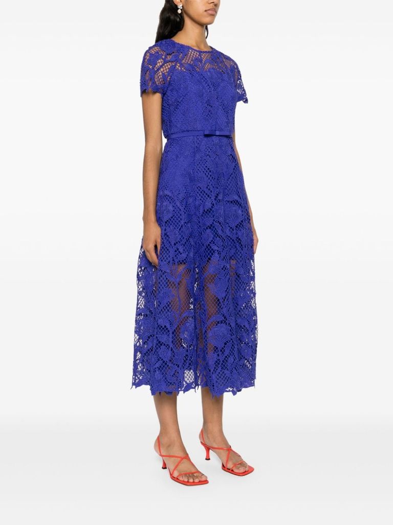 Shop Self-portrait Midi Dress With Lace Detail And Cap Sleeves In Blu