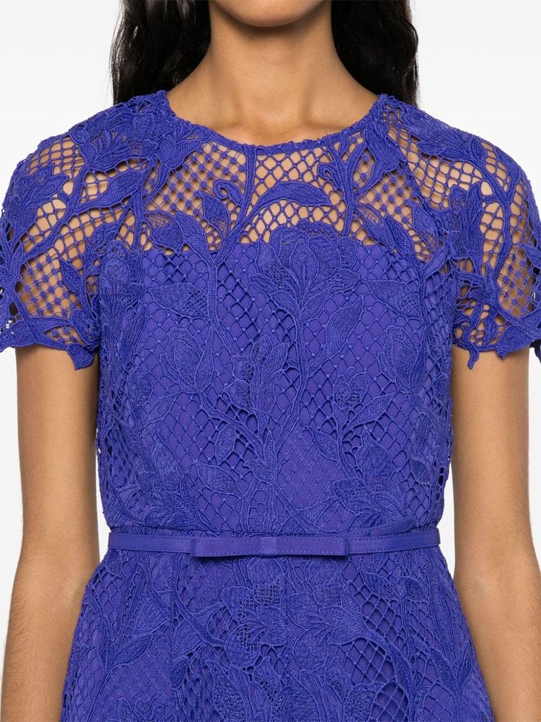 Shop Self-portrait Midi Dress With Lace Detail And Cap Sleeves In Blu